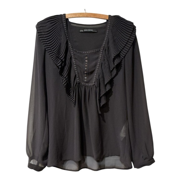 Zara Tops - Zara Basic Dark Gray Pleated Ruffle Blouse Long Sleeve Sheer Women’s Size M